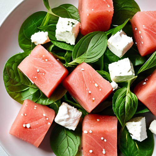 **

A vibrant, overhead shot of a summer salad featuring cubed watermelon, dollops of ricotta cheese, prosciutto ribbons, and scattered mint leaves. The scene is brightly lit, emphasizing the fresh and healthy aspect of the salad.

**