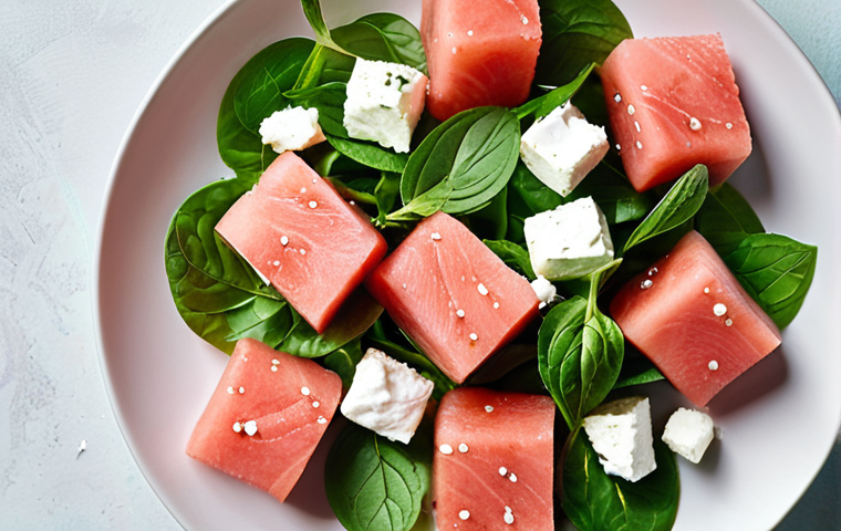 **

A vibrant, overhead shot of a summer salad featuring cubed watermelon, dollops of ricotta cheese, prosciutto ribbons, and scattered mint leaves. The scene is brightly lit, emphasizing the fresh and healthy aspect of the salad.

**