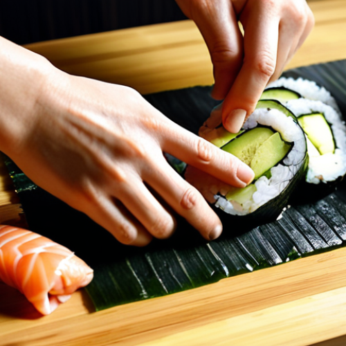 A close-up, high-angle shot of hands meticulously preparing sushi ingredients on a pristine wooden cutting board. A sharp chef's knife carefully slices a vibrant piece of fresh salmon. In the foreground, perfectly cooked, glistening sushi rice is being spread evenly on a sheet of dark green nori, resting on a bamboo rolling mat (makisu). Slices of creamy green avocado and crisp cucumber are neatly arranged nearby. The scene is bathed in warm, natural light, emphasizing the fresh textures and the careful, passionate craftsmanship of home sushi making. Ultra-realistic food photography, high detail.