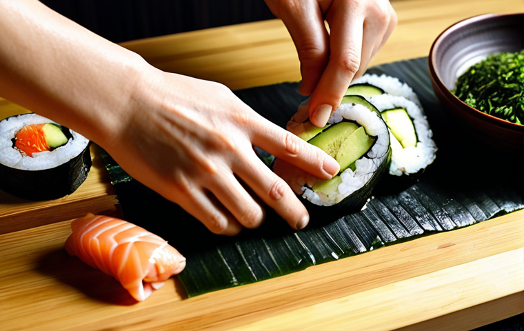 A close-up, high-angle shot of hands meticulously preparing sushi ingredients on a pristine wooden cutting board. A sharp chef's knife carefully slices a vibrant piece of fresh salmon. In the foreground, perfectly cooked, glistening sushi rice is being spread evenly on a sheet of dark green nori, resting on a bamboo rolling mat (makisu). Slices of creamy green avocado and crisp cucumber are neatly arranged nearby. The scene is bathed in warm, natural light, emphasizing the fresh textures and the careful, passionate craftsmanship of home sushi making. Ultra-realistic food photography, high detail.