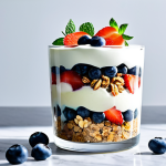 A gourmet French Parfait, meticulously layered in a clear, tall glass. The layers consist of crunchy golden granola at the bottom, followed by smooth white Greek yogurt, and vibrant red slices of fresh strawberries, interspersed with deep blue blueberries. Topped with a fresh green mint leaf and a few perfectly ripe whole berries. The setting is a clean, modern kitchen countertop with soft, natural lighting. Professional food photography, high resolution, sharp focus, perfect anatomy, correct proportions, natural pose, well-formed ingredients, proper color balance. safe for work, appropriate content, fully clothed, professional, modest, family-friendly.