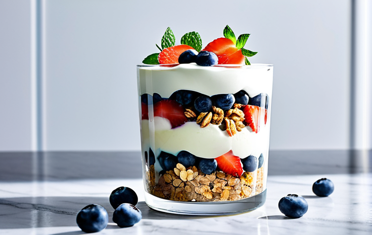 A gourmet French Parfait, meticulously layered in a clear, tall glass. The layers consist of crunchy golden granola at the bottom, followed by smooth white Greek yogurt, and vibrant red slices of fresh strawberries, interspersed with deep blue blueberries. Topped with a fresh green mint leaf and a few perfectly ripe whole berries. The setting is a clean, modern kitchen countertop with soft, natural lighting. Professional food photography, high resolution, sharp focus, perfect anatomy, correct proportions, natural pose, well-formed ingredients, proper color balance. safe for work, appropriate content, fully clothed, professional, modest, family-friendly.