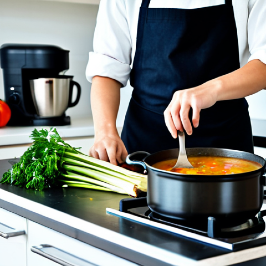 A cooking enthusiast in a professional, modest apron, standing in a well-lit, modern home kitchen. They are gently stirring a simmering pot of rich French vegetable soup on a clean stovetop. Vibrant fresh vegetables like carrots, leeks, and a bunch of green parsley are neatly arranged on the counter beside a thick-bottomed pot. The atmosphere is warm and inviting, showcasing careful preparation. safe for work, appropriate content, fully clothed, professional dress, perfect anatomy, correct proportions, natural pose, well-formed hands, proper finger count, natural body proportions, high quality photography.