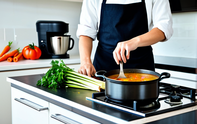 A cooking enthusiast in a professional, modest apron, standing in a well-lit, modern home kitchen. They are gently stirring a simmering pot of rich French vegetable soup on a clean stovetop. Vibrant fresh vegetables like carrots, leeks, and a bunch of green parsley are neatly arranged on the counter beside a thick-bottomed pot. The atmosphere is warm and inviting, showcasing careful preparation. safe for work, appropriate content, fully clothed, professional dress, perfect anatomy, correct proportions, natural pose, well-formed hands, proper finger count, natural body proportions, high quality photography.