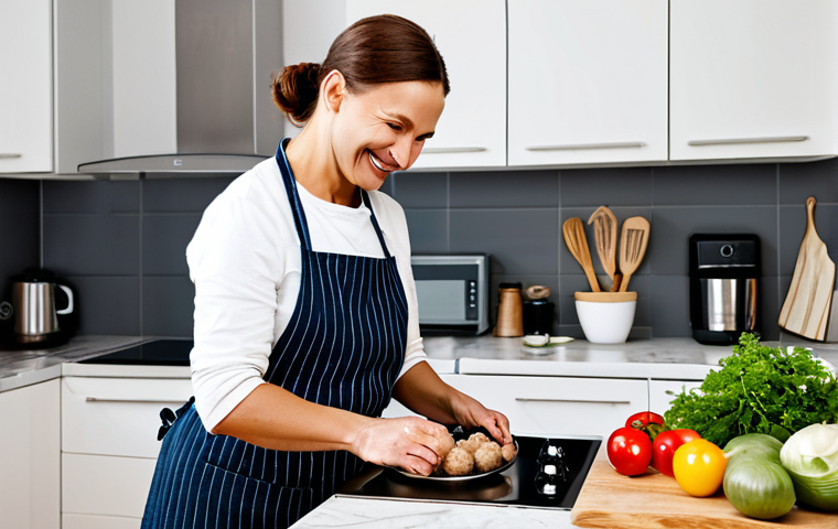 **

A family-friendly scene of a kitchen. A mother and child are smiling and preparing Swedish meatballs together. The kitchen is bright and clean, with modern appliances. Focus on the joy of cooking together. They are both fully clothed in appropriate kitchen attire. There are fresh ingredients on the counter. Safe for work, appropriate content, fully clothed, professional, modest, perfect anatomy, correct proportions, natural pose, well-formed hands, proper finger count, natural body proportions, high quality.

**