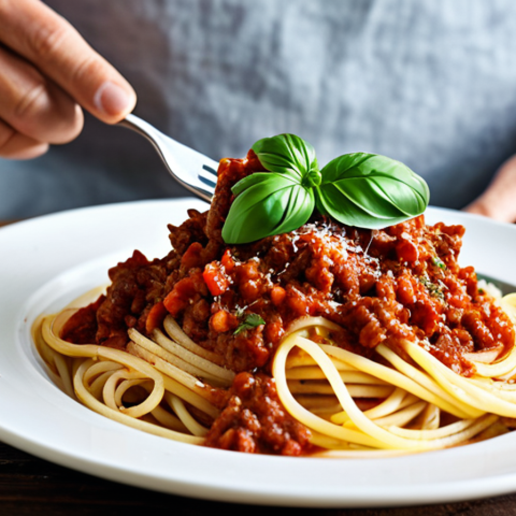 "A steaming plate of Spaghetti Bolognese, garnished with fresh basil and grated Parmesan cheese, sitting on a rustic wooden table. The sauce is rich and vibrant red, with visible ground meat and herbs. The dish is well-lit, showcasing the textures and colors. Fully clothed person is preparing food in the background. Safe for work, appropriate content, fully clothed, professional, family-friendly, perfect anatomy, correct proportions, natural pose, well-formed hands, proper finger count, natural body proportions."