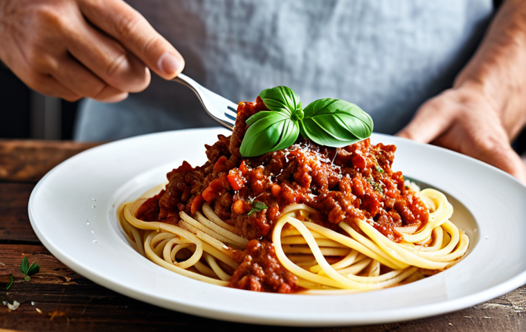 "A steaming plate of Spaghetti Bolognese, garnished with fresh basil and grated Parmesan cheese, sitting on a rustic wooden table. The sauce is rich and vibrant red, with visible ground meat and herbs. The dish is well-lit, showcasing the textures and colors. Fully clothed person is preparing food in the background. Safe for work, appropriate content, fully clothed, professional, family-friendly, perfect anatomy, correct proportions, natural pose, well-formed hands, proper finger count, natural body proportions."