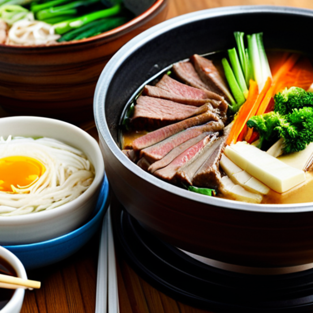일본식 찌개 요리법 - **Sukiyaki Hot Pot:** A cozy dining scene featuring a Sukiyaki hot pot on a table, filled with thinl...