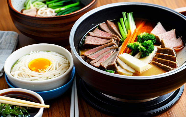 일본식 찌개 요리법 - **Sukiyaki Hot Pot:** A cozy dining scene featuring a Sukiyaki hot pot on a table, filled with thinl...