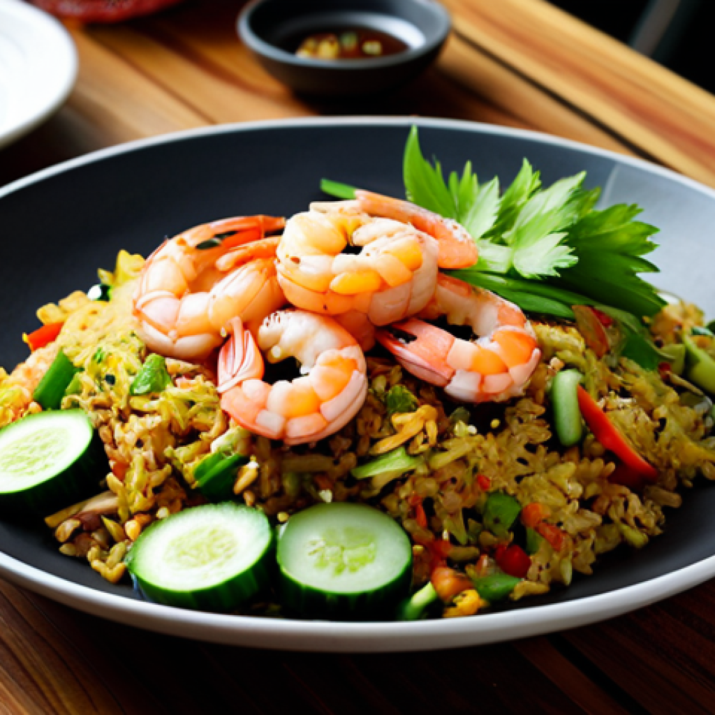 인도네시아 나시고렝 조리법 - **Image Prompt:** A vibrant plate of Nasi Goreng with shrimp and squid, garnished with cucumber slic...