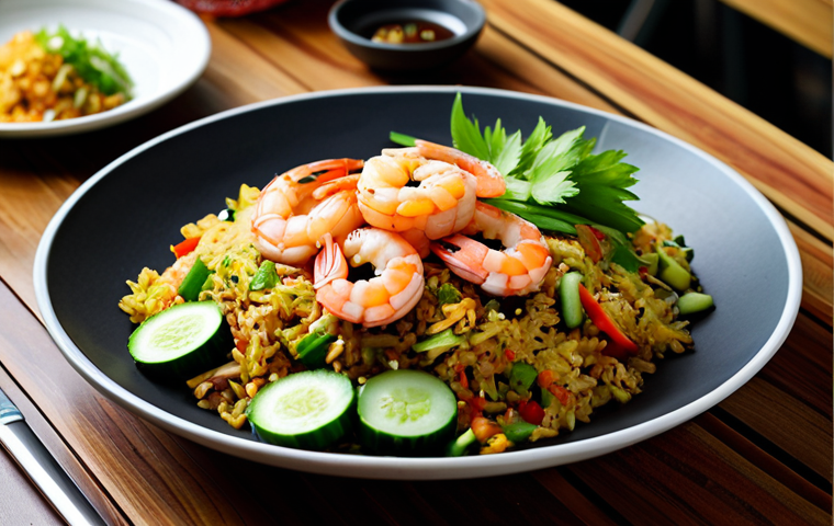 인도네시아 나시고렝 조리법 - **Image Prompt:** A vibrant plate of Nasi Goreng with shrimp and squid, garnished with cucumber slic...