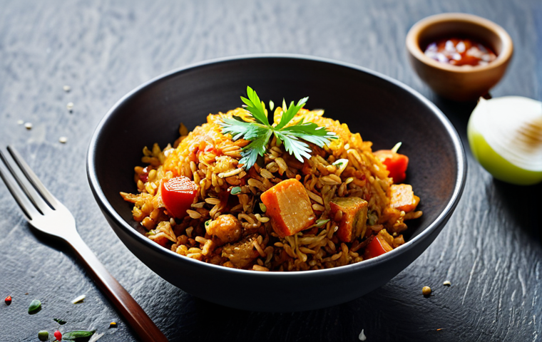 인도네시아 나시고렝 조리법 - **Image Prompt:** A vibrant plate of Nasi Goreng with shrimp and squid, garnished with cucumber slic...