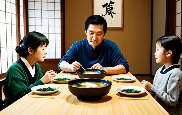 일본식 가정식 레시피 소개 - **Bento Box Preparation:** A cozy kitchen scene featuring a parent and child preparing a colorful be...