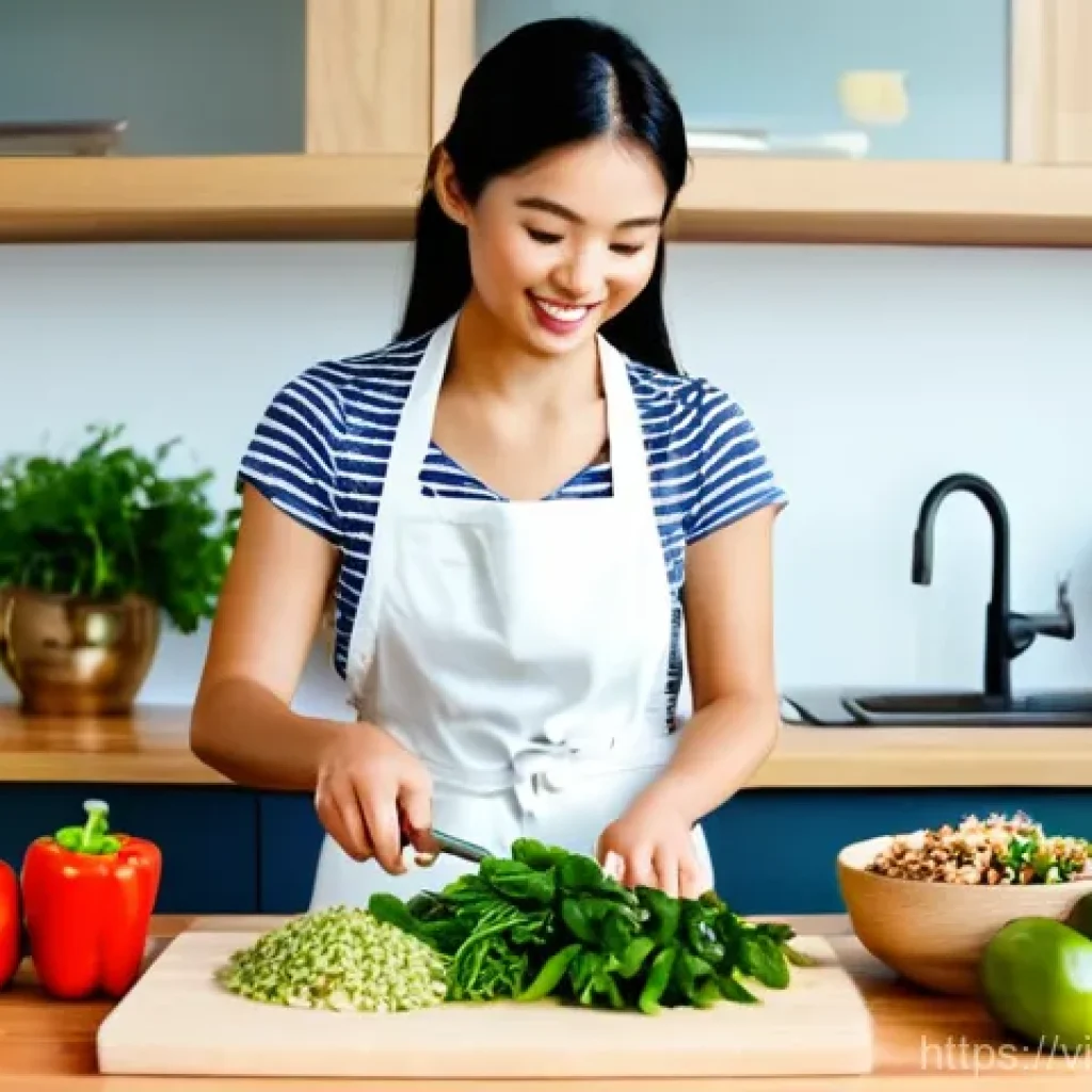 재료 별 간단한 홈쿡 레시피 - **Healthy & Mindful Cooking in a Modern Vietnamese Kitchen:**
    A vibrant, sunlit image of a young...