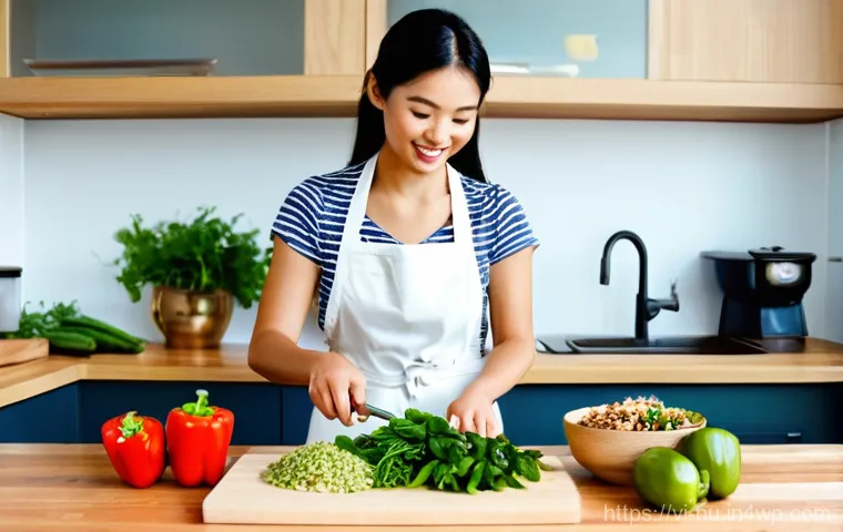 재료 별 간단한 홈쿡 레시피 - **Healthy & Mindful Cooking in a Modern Vietnamese Kitchen:**
    A vibrant, sunlit image of a young...