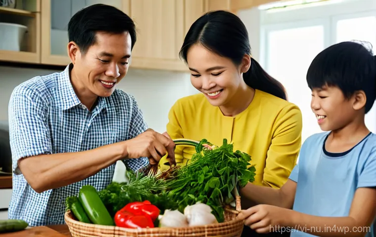 재료 별 간단한 홈쿡 레시피 - **Healthy & Mindful Cooking in a Modern Vietnamese Kitchen:**
    A vibrant, sunlit image of a young...