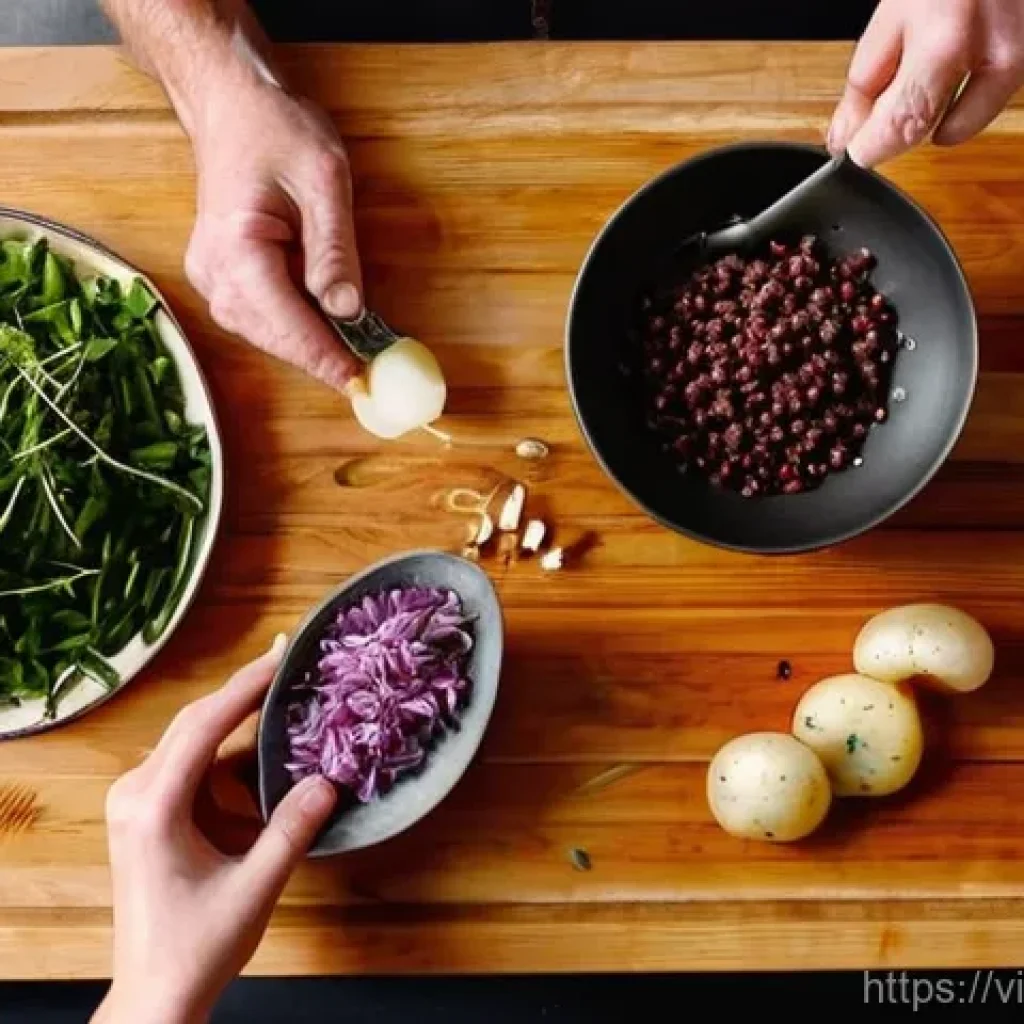 프랑스식 고기 스튜 기본 요리법 - **Preparation of Fresh Ingredients for French Beef Stew**
    A bright, clean, overhead shot of a ru...