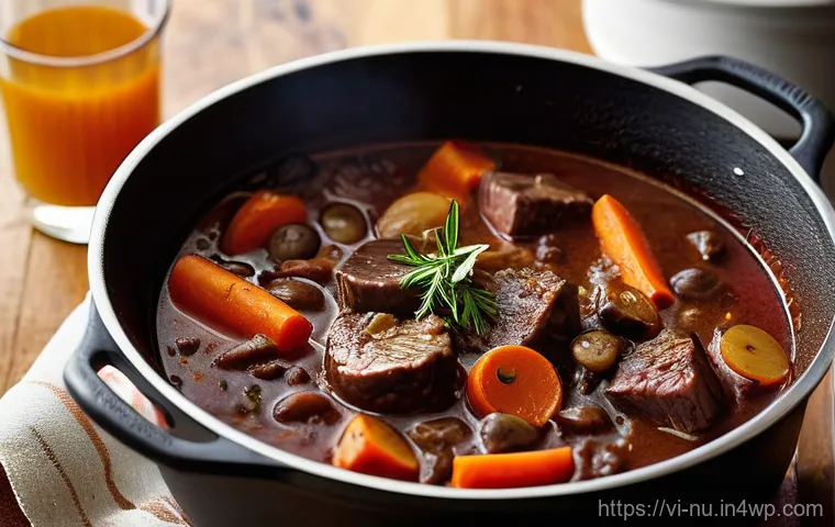 프랑스식 고기 스튜 기본 요리법 - **Preparation of Fresh Ingredients for French Beef Stew**
    A bright, clean, overhead shot of a ru...