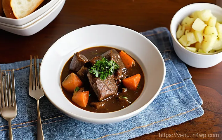 프랑스식 고기 스튜 기본 요리법 - **Slow Simmering French Beef Stew in a Cozy Kitchen**
    A close-up, warm-toned photograph capturin...