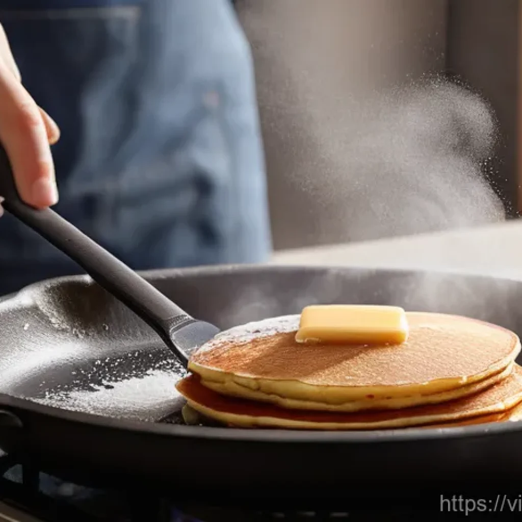 캐나다식 팬케이크 기본 레시피 - **Golden Fluffy Pancake Flip in a Cozy Kitchen**
    A close-up, dynamic shot of a perfectly golden-...