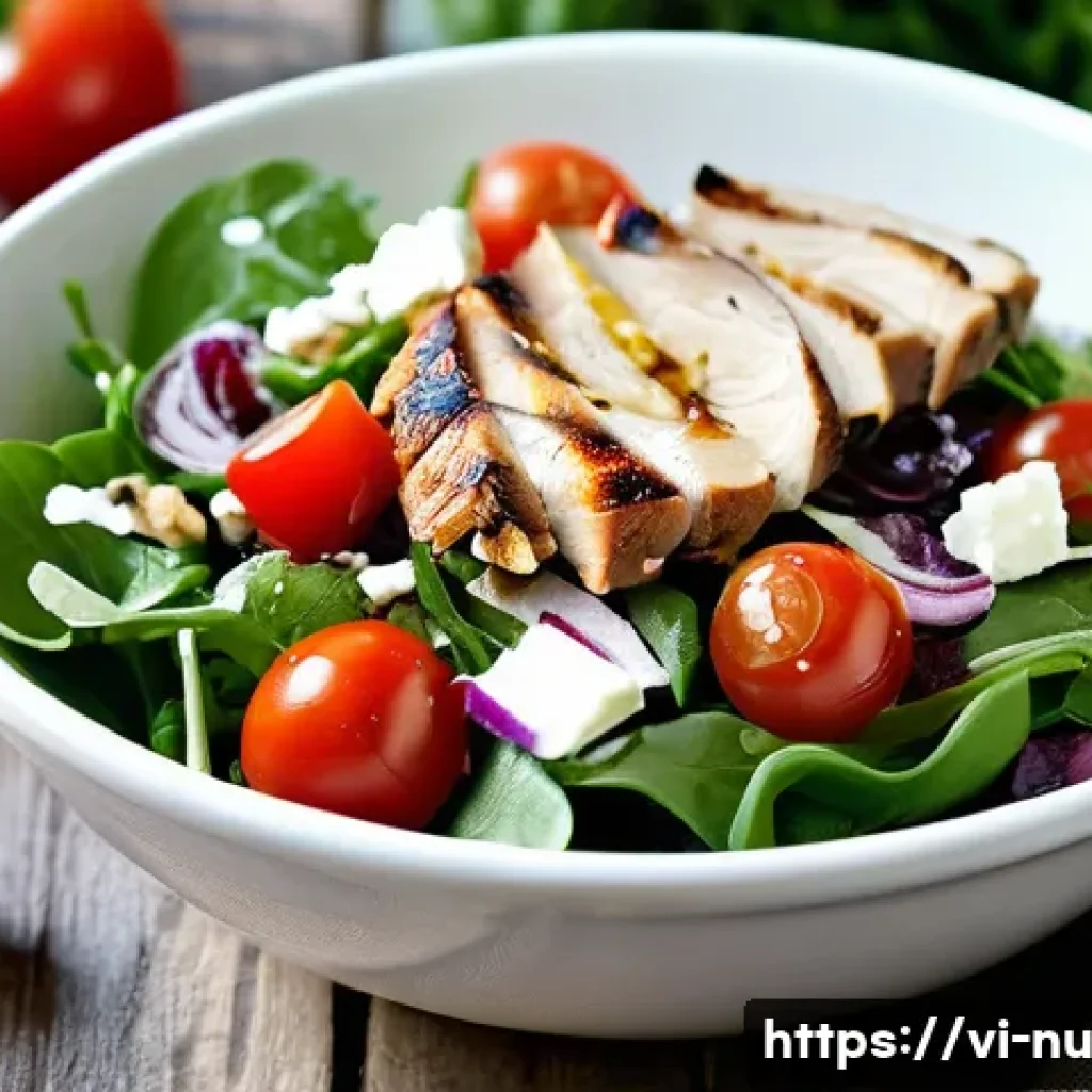 프랑스식 샐러드 만들기 - A vibrant French salad displayed in a rustic white ceramic bowl, featuring fresh green lettuce, arug...