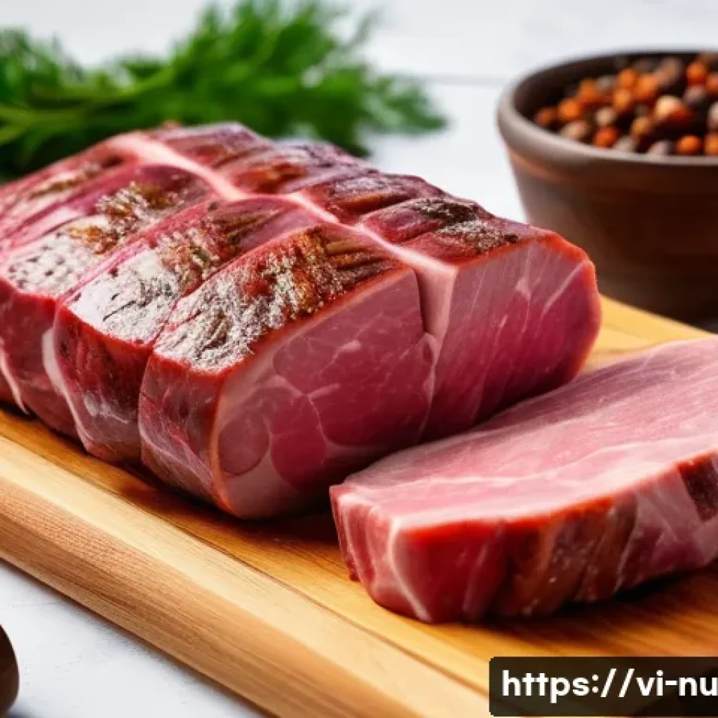 독일식 소시지 요리 방법 - A rustic kitchen scene showing fresh cuts of pink pork and beef meat on a wooden cutting board, with...