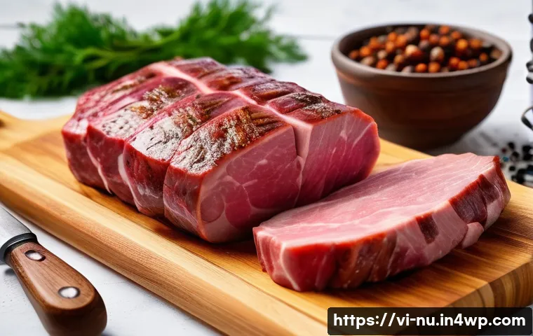 독일식 소시지 요리 방법 - A rustic kitchen scene showing fresh cuts of pink pork and beef meat on a wooden cutting board, with...
