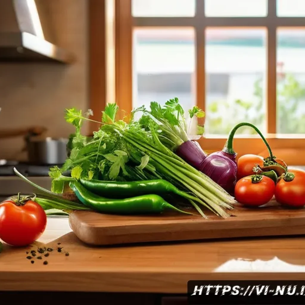 멕시코 전통 후아카레 요리법 - A vibrant kitchen scene showcasing fresh ingredients for Huacare: a wooden cutting board with sliced...