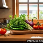 멕시코 전통 후아카레 요리법 - A vibrant kitchen scene showcasing fresh ingredients for Huacare: a wooden cutting board with sliced...