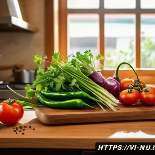 멕시코 전통 후아카레 요리법 - A vibrant kitchen scene showcasing fresh ingredients for Huacare: a wooden cutting board with sliced...