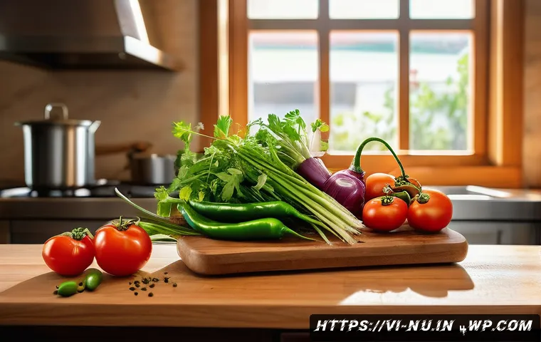 멕시코 전통 후아카레 요리법 - A vibrant kitchen scene showcasing fresh ingredients for Huacare: a wooden cutting board with sliced...