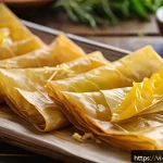 터키식 필로 파이 만드는 법 - A close-up of golden, crispy filo pastry sheets being brushed with a mixture of melted unsalted butt...