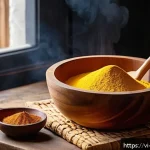 아프리카식 전통 빵 만들기 - A vibrant kitchen scene showcasing traditional African baking ingredients and tools: a large wooden ...