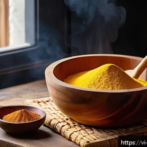 아프리카식 전통 빵 만들기 - A vibrant kitchen scene showcasing traditional African baking ingredients and tools: a large wooden ...