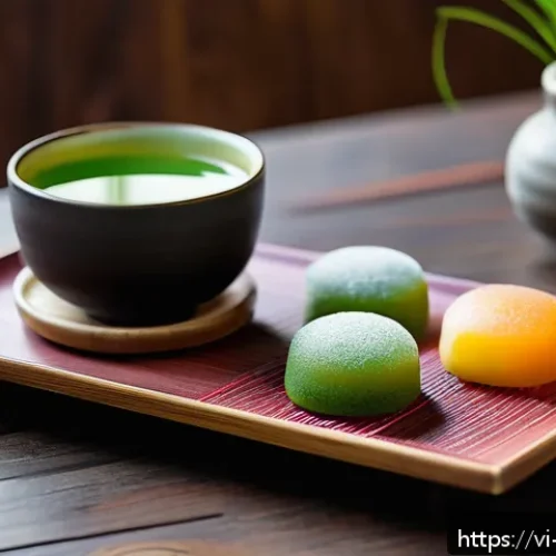아시아 각국의 인기 간식 만들기 - A beautifully arranged traditional Japanese wagashi dessert set featuring colorful mochi and dorayak...