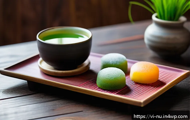 아시아 각국의 인기 간식 만들기 - A beautifully arranged traditional Japanese wagashi dessert set featuring colorful mochi and dorayak...