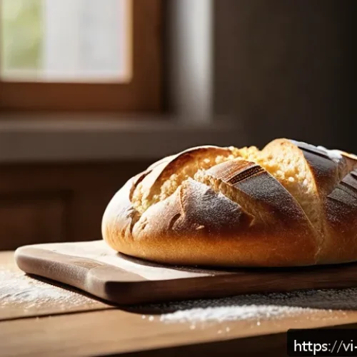 베트남식 반미 조리법 - A close-up, high-resolution image of freshly baked Vietnamese b&aacute;nh m&igrave; bread on a rustic wooden table...