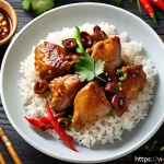 필리핀식 아도보 조리법 - A vibrant and detailed close-up of a traditional Filipino chicken adobo dish, showcasing tender, gol...