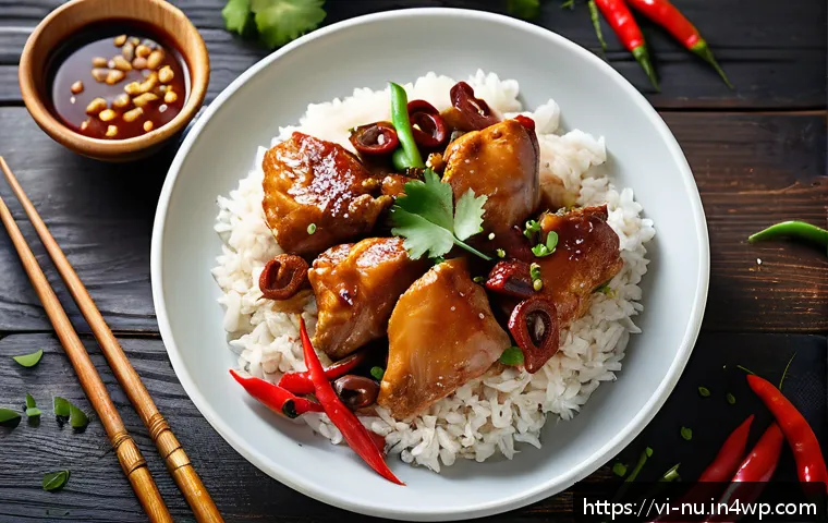 필리핀식 아도보 조리법 - A vibrant and detailed close-up of a traditional Filipino chicken adobo dish, showcasing tender, gol...