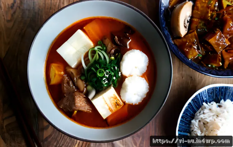 Home 17 한국식 김치찌개 요리법 - Photorealistic overhead close-up of a steaming bowl of Korean-style kimchi stew, vivid red-orange br...