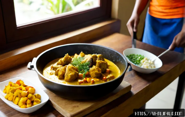 Home 30 자메이카식 카레 요리하는 법 - Photorealistic Vietnamese home kitchen scene, a cheerful cook preparing Jamaican-style curry chicken...