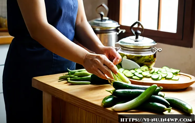 Home 17 한국 전통 장아찌 만들기 - Photorealistic Vietnamese home kitchen scene of a middle-aged woman preparing Korean-style jangajji ...